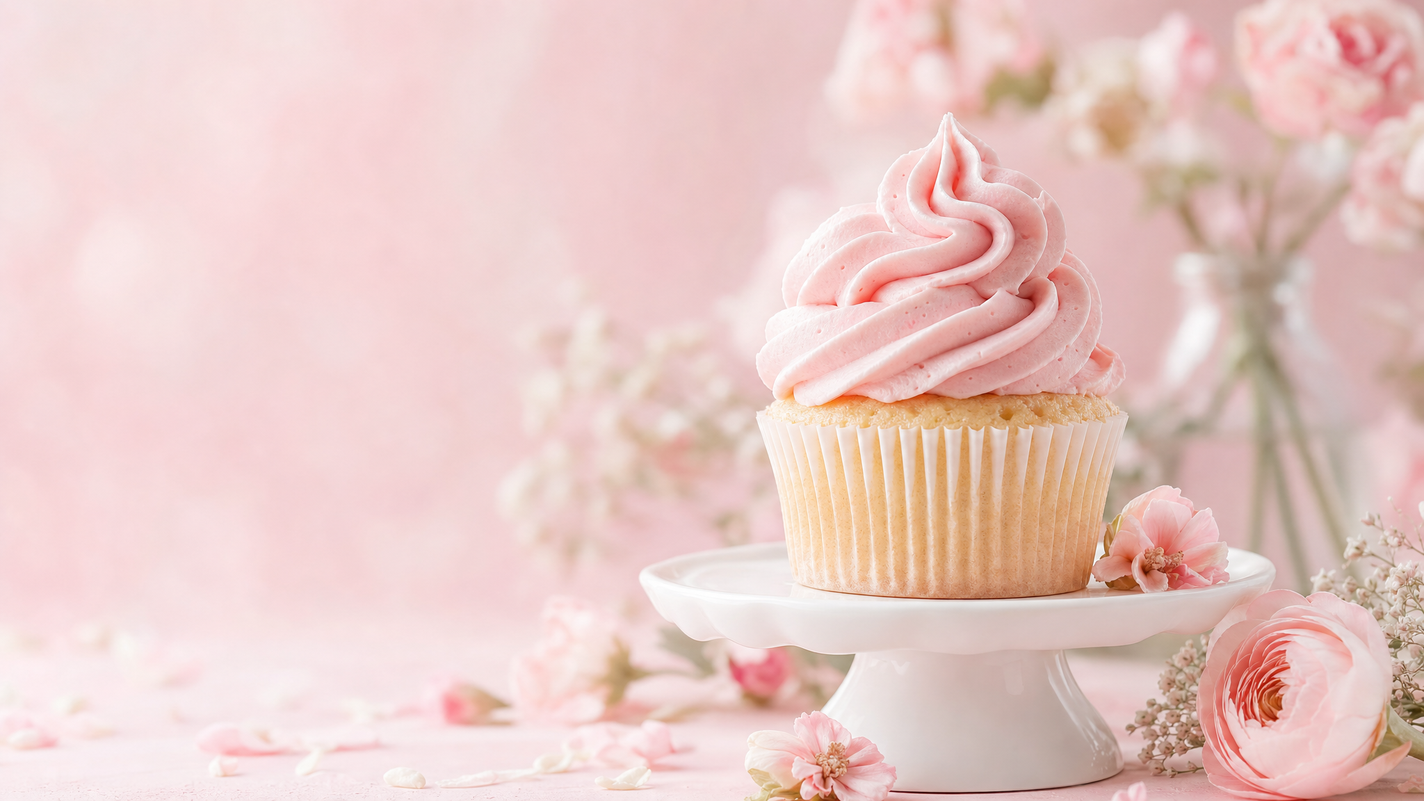 Pink frosted cupcake with flowers